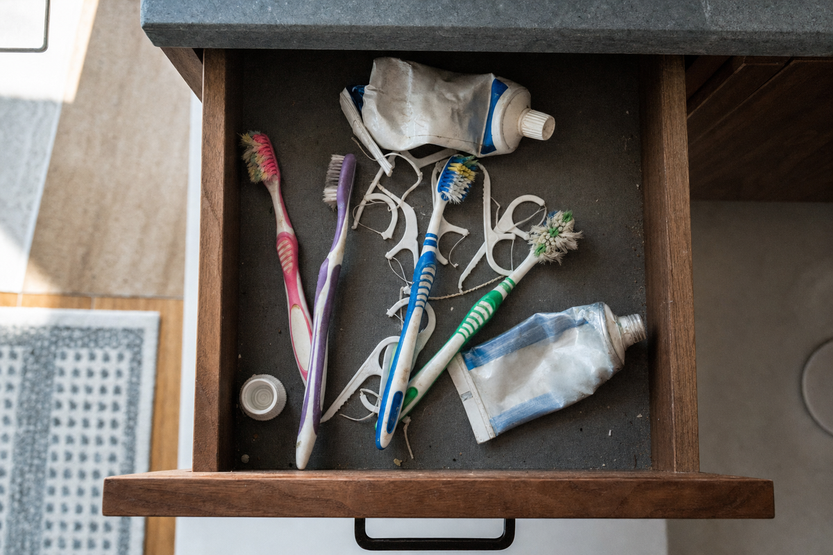 The old drawer: worn brushes, crumpled tubes, floss picks